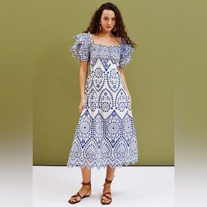 ZARA Blogger Favorite Blue White Embroidered Eyelet Cut-Out Dress Boho Large